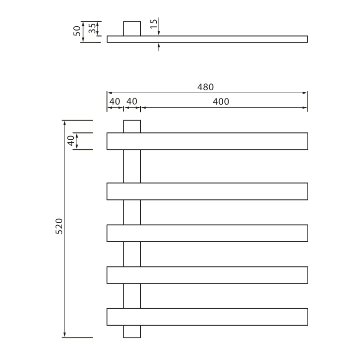 Rysunek techniczny - ELCOR  elektryczna suszarka na ręczniki 480x520x50 mm, 63 W, czarny mat