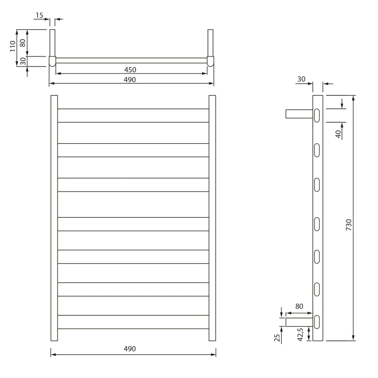 Rysunek techniczny - ELIAS  elektryczna suszarka na ręczniki 490x730x110 mm, 105 W, biały mat