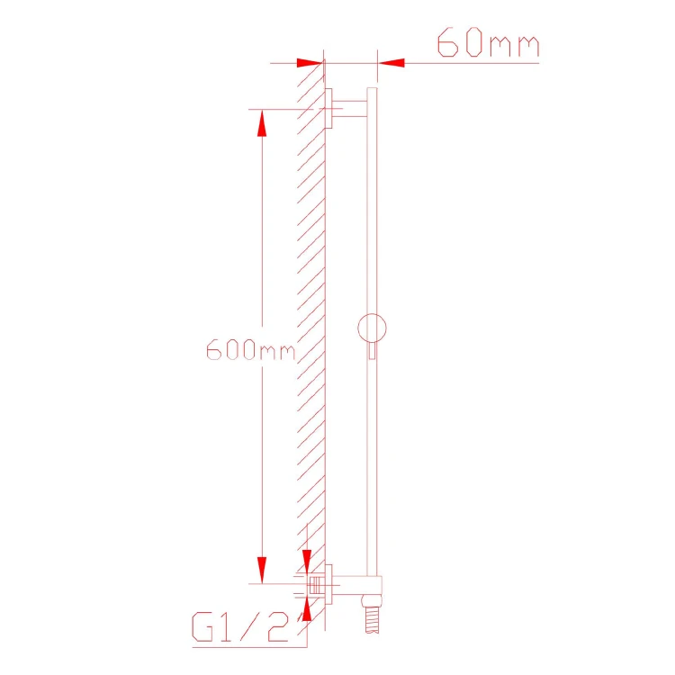 Rysunek techniczny - Uchwyt prysznicowy z odpływem wody, przesuwny, kwadratowy, 600mm, chrom