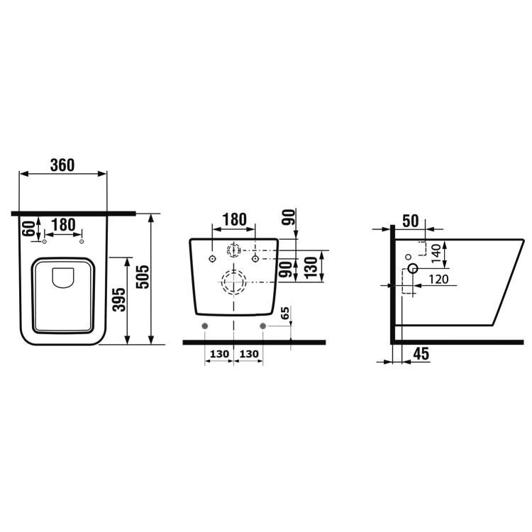 Rysunek techniczny - PORTO CLEANWASH WC wiszące Rimless, z prysznicem bidetowym i baterią, 36x52cm, biały