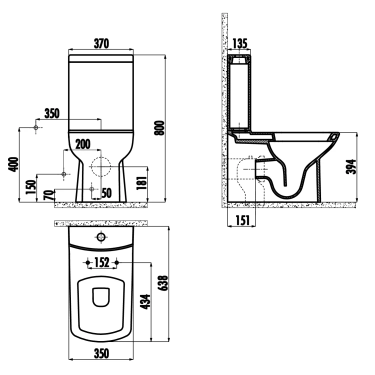 Rysunek techniczny - LARA kompakt WC, odpływ poziomy/pionowy, czarny mat