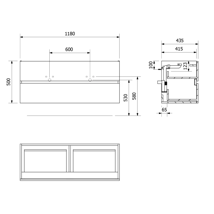 Rysunek techniczny - ODETTA szafka umywalkowa 118x50x43,5cm, wiąz Bardini