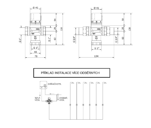 Rysunek techniczny - Termostatyczny regulator wody, 1", dla 4 do 8 punktów, chrom