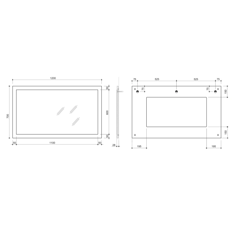 Rysunek techniczny - NIROX lustro w ramie 120x70cm, sosna rustykalna
