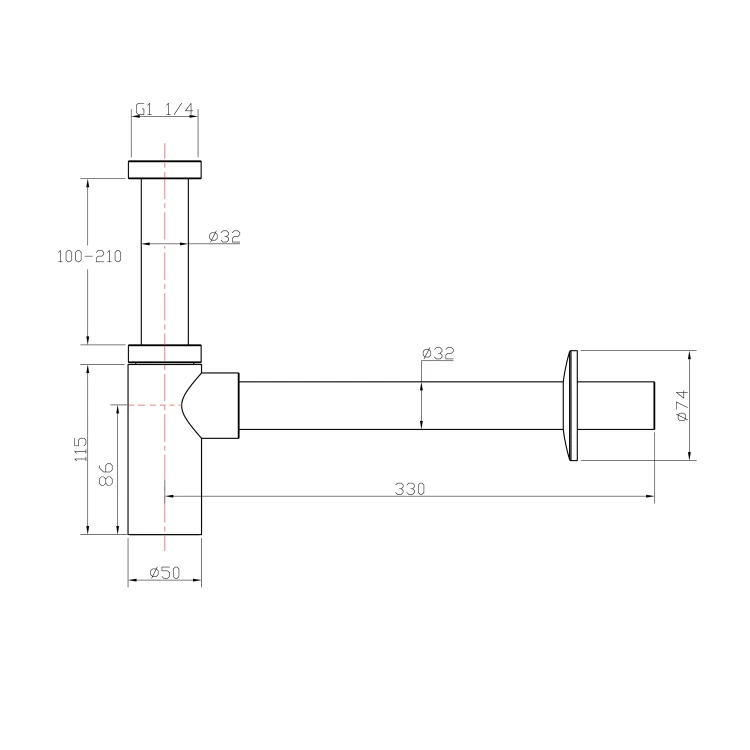 Rysunek techniczny - Syfon umywalkowy 5/4", odpływ 32mm, okrągły, chrom