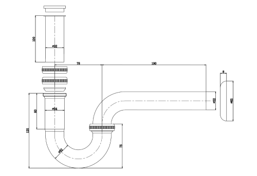Rysunek techniczny - Syfon umywalkowy 5/4", odpływ 32mm, chrom