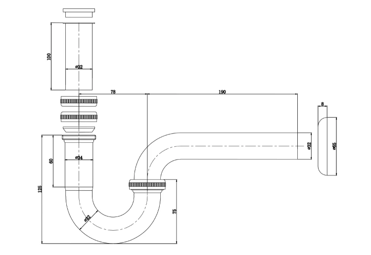 Rysunek techniczny - Syfon umywalkowy 5/4", odpływ 32mm, chrom
