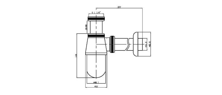 Rysunek techniczny - Syfon umywalkowy 5/4", odpływ 32mm, chrom