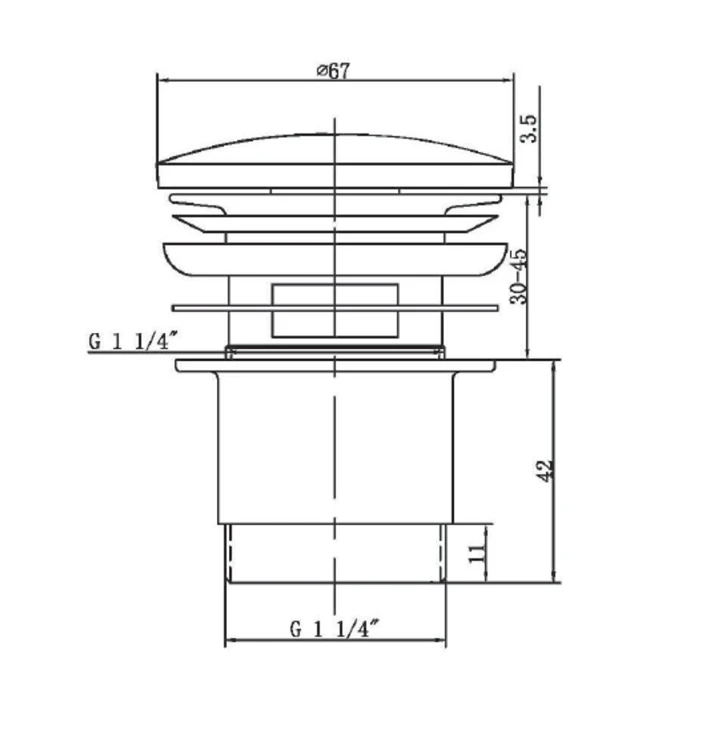Rysunek techniczny - Odpływ umywalkowy 5/4“, klik-klak, duży korek, 30-45mm, chrom