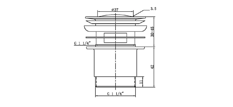 Rysunek techniczny - Odpływ umywalkowy 5/4“, klik- klak, mały korek, 30-45mm, chrom