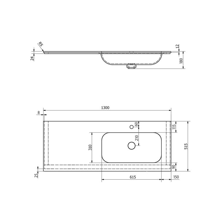 Rysunek techniczny - ARUBA umywalka prawa, 130x51,5 cm, Rockstone biały mat