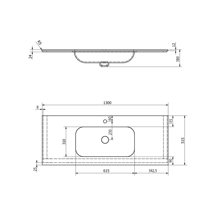 Rysunek techniczny - ARUBA umywalka, 130x51,5 cm, Rockstone biały mat