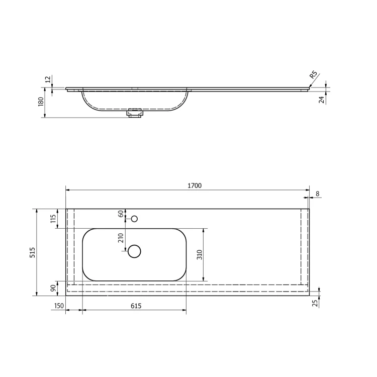 Rysunek techniczny - ARUBA umywalka lewa, 170x51,5 cm, Rockstone biały mat