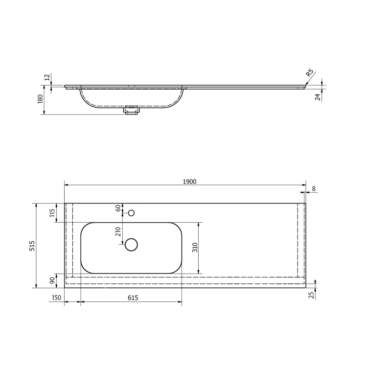 Rysunek techniczny - ARUBA umywalka lewa, 190x51,5 cm, Rockstone biały mat