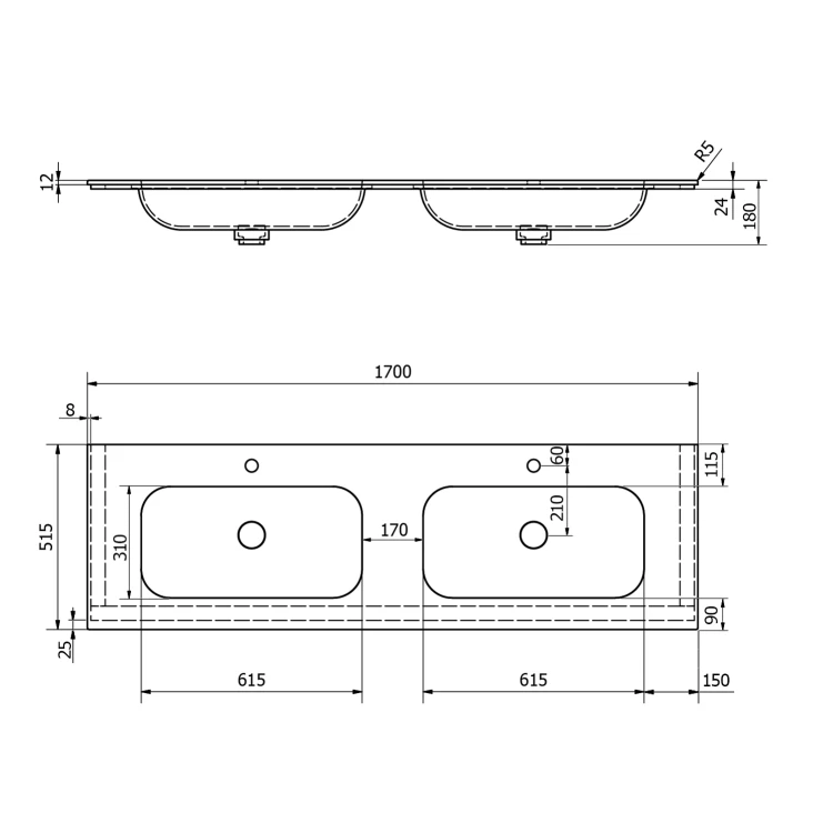 Rysunek techniczny - ARUBA umywalka podwójna, 170x51,5 cm, Rockstone biały mat
