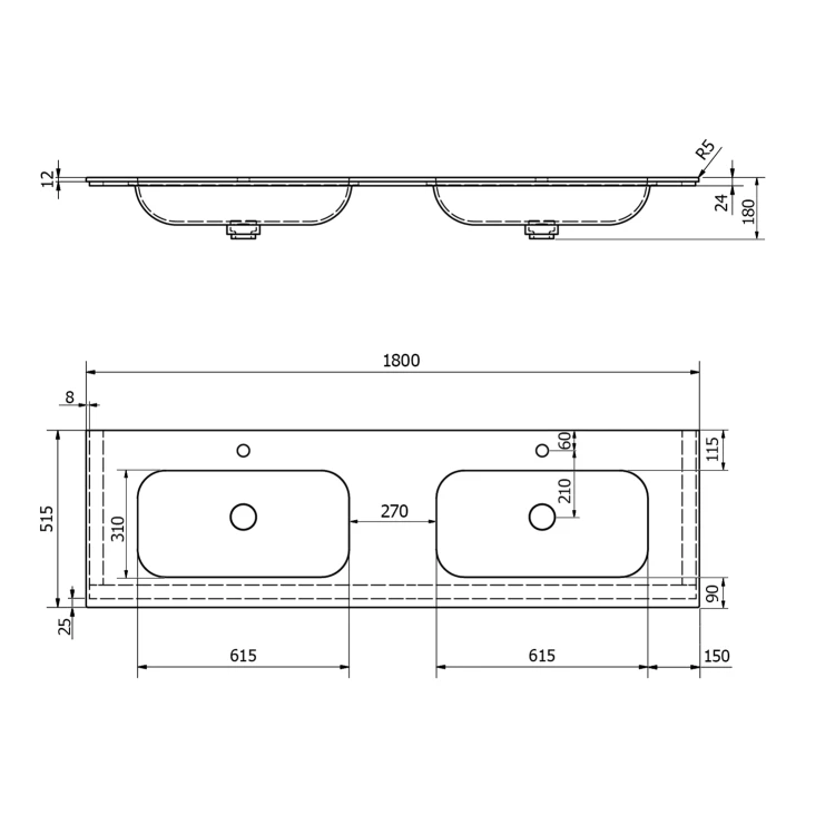 Rysunek techniczny - ARUBA umywalka podwójna, 180x51,5 cm, Rockstone biały mat