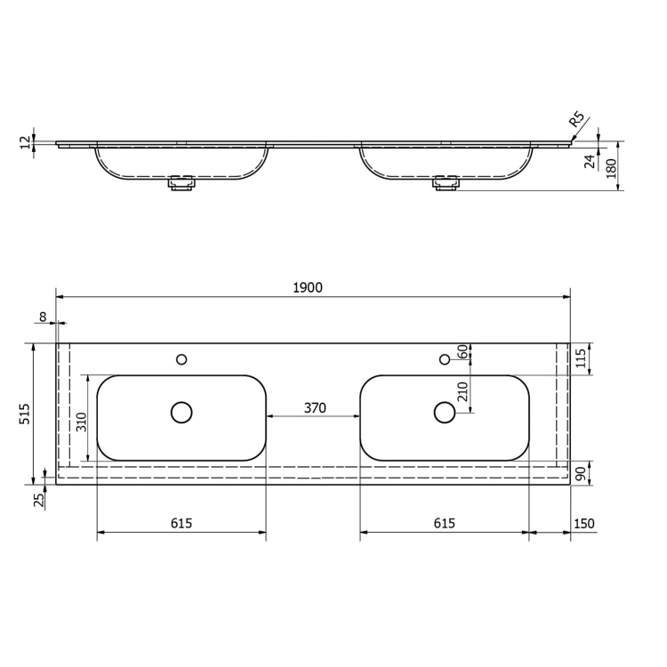 Rysunek techniczny - ARUBA umywalka podwójna, 190x51,5 cm, Rockstone biały mat