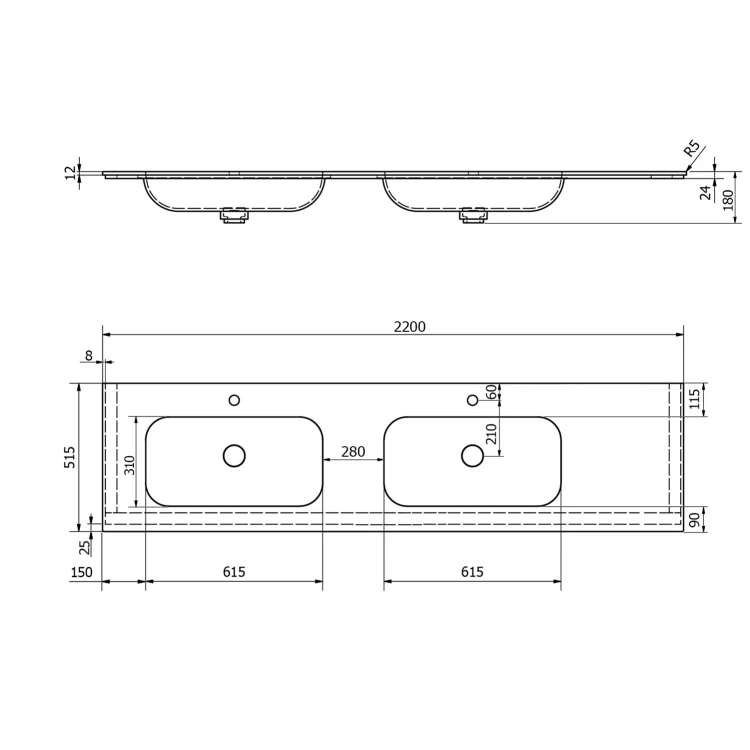 Rysunek techniczny - ARUBA umywalka podwójna lewa, 220x51,5 cm, Rockstone biały mat