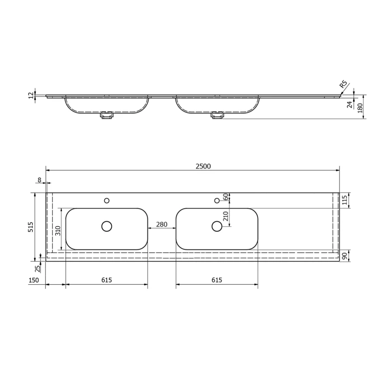 Rysunek techniczny - ARUBA umywalka podwójna lewa, 250x51,5 cm, Rockstone biały mat