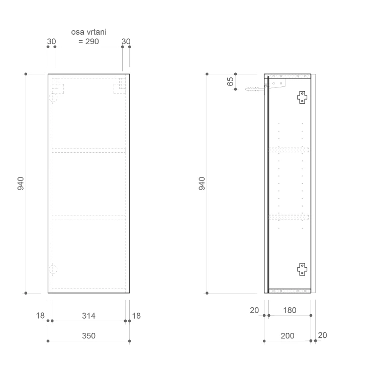 Rysunek techniczny - ESPACE szafka 35x94x22cm, 1 drzwi, lewa/prawa, biała mat