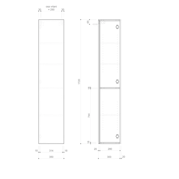 Rysunek techniczny - ESPACE szafka 35x172x32cm, 1 drzwi, lewa/prawa, biała mat
