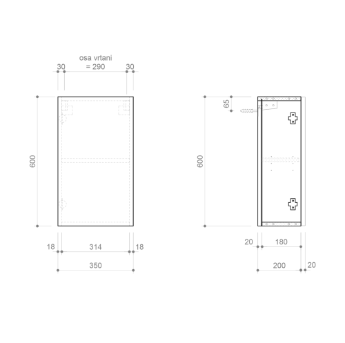 Rysunek techniczny - ESPACE szafka 35x60x22cm, 1 drzwiczki, lewa/prawa, wiąz Bardini