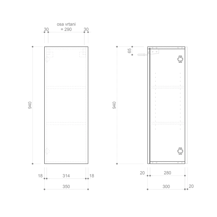 Rysunek techniczny - ESPACE szafka 35x94x32cm, 1 drzwi, lewa/prawa, biała mat