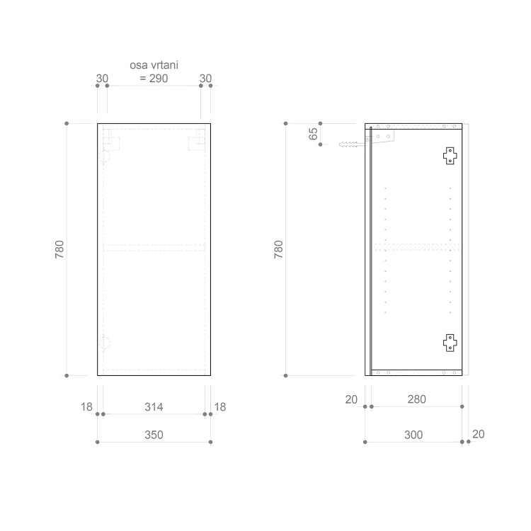 Rysunek techniczny - ESPACE szafka 35x78x32cm, 1 drzwi, lewa/prawa, biała mat