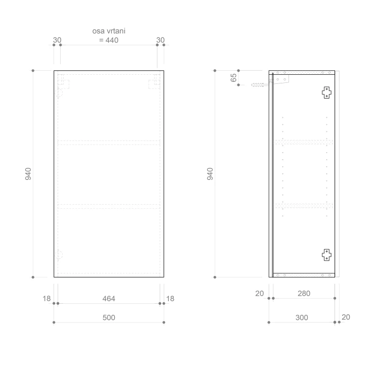 Rysunek techniczny - ESPACE szafka 50x94x32cm, 1 drzwi, lewa/prawa, biała mat
