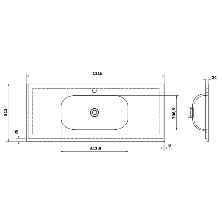 Rysunek techniczny - TREOS umywalka 111,6x51,3 cm, Rockstone, biały mat