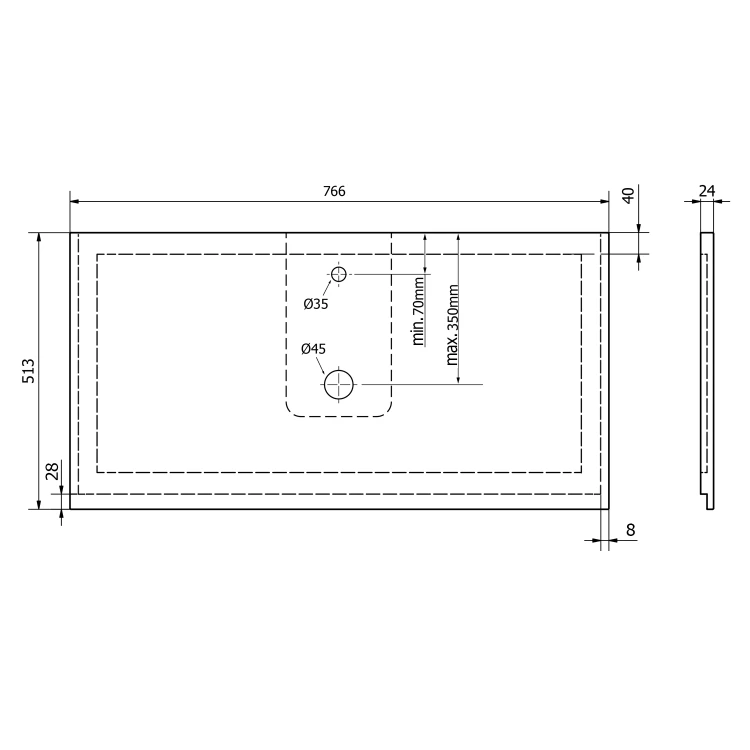 Rysunek techniczny - TREOS blat 766x513 mm, Rockstone, biały mat