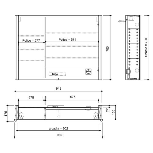 Rysunek techniczny - ALIX szafka z lustrem, oświetlenie LED 96x70x17,5cm, sosna rustykalna