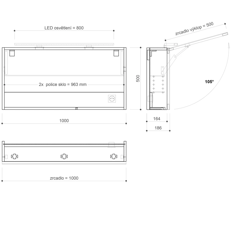 Rysunek techniczny - CLOE szafka z lustrem z oświetleniem LED, 100x50x18cm, dąb srebrny