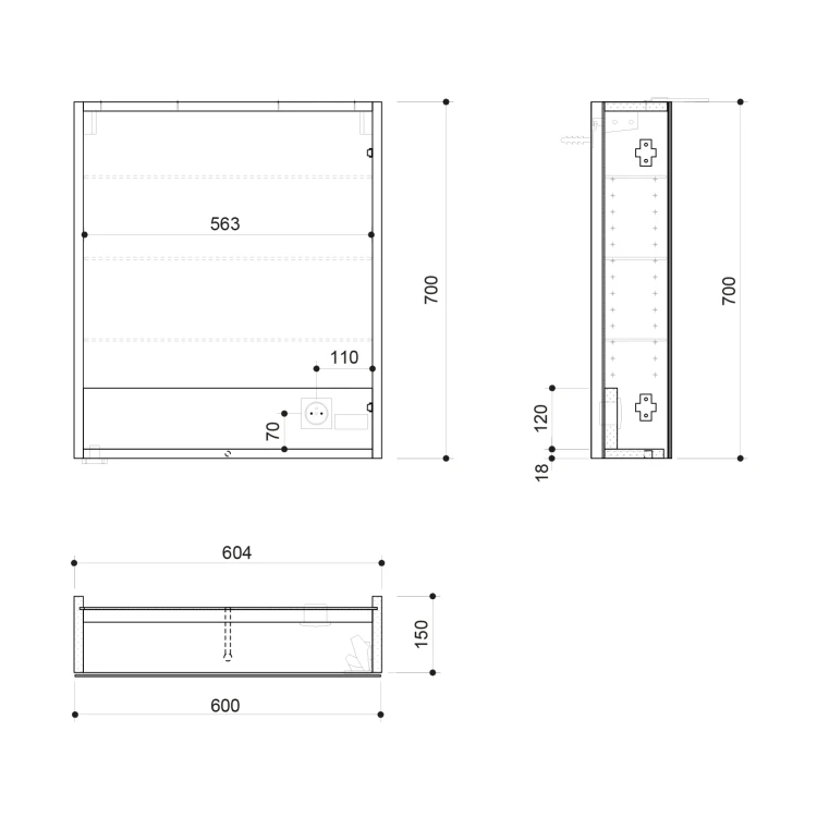 Rysunek techniczny - LINEX szafka z lustrem, oświetlenie LED, 60x70x15cm, lewa/prawa, wiąz Bardini