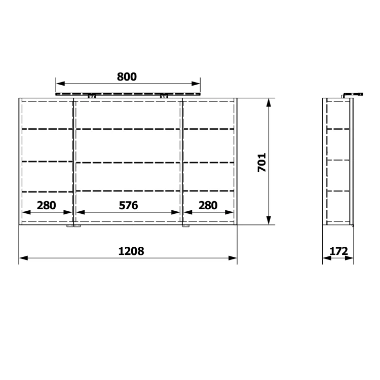 Rysunek techniczny - RIWA szafka z lustrem, oświetlenie LED, 3 drzwiczki, 121x70x17cm, dąb srebrny