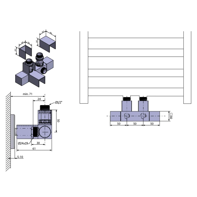 Rysunek techniczny - CUBE TWIN zestaw przyłączeniowy zespolony, stal nierdzewna mat