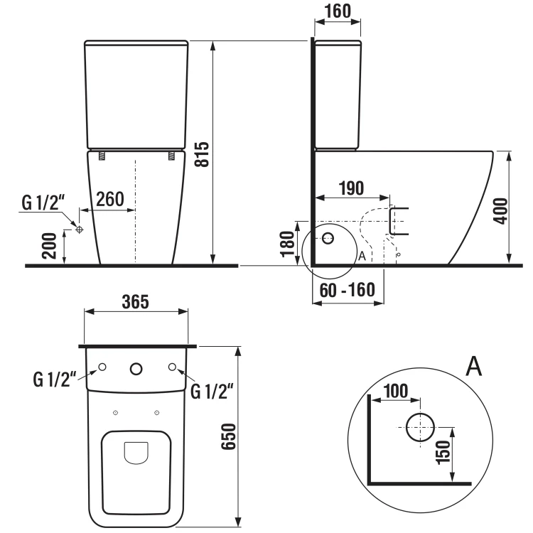 Rysunek techniczny - PORTO RIMLESS kompakt WC, odpływ poziomy/pionowy, biały