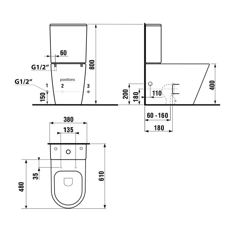 Rysunek techniczny - PACO kompakt WC, Rimless, odpływ pionowy/poziomy, biały