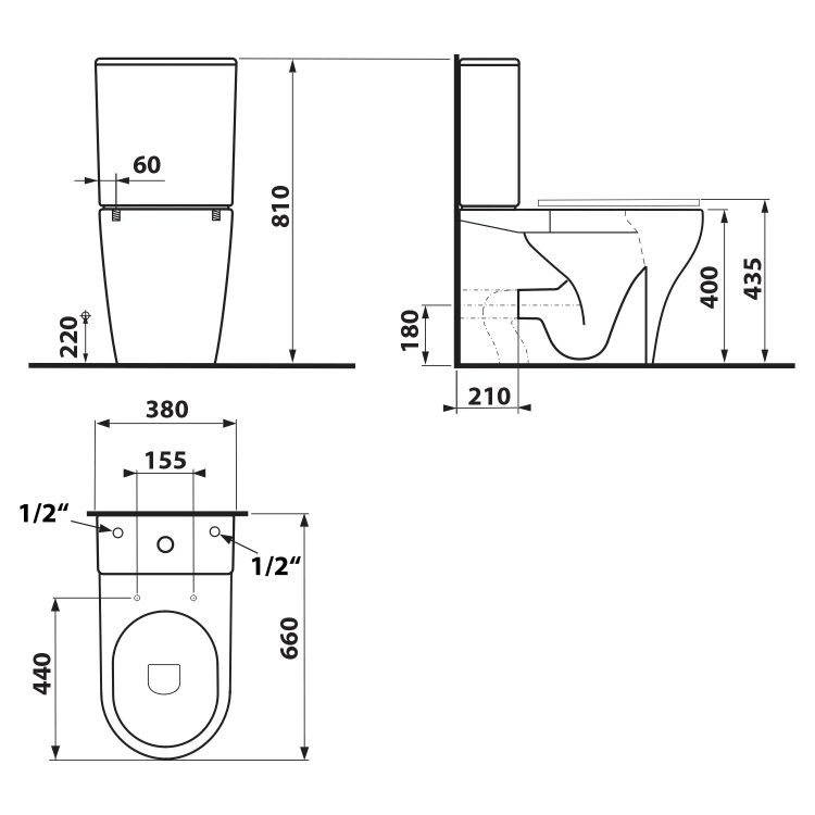 Rysunek techniczny - BELLO RIMLESS kompakt WC, odpływ poziomy/pionowy, biały