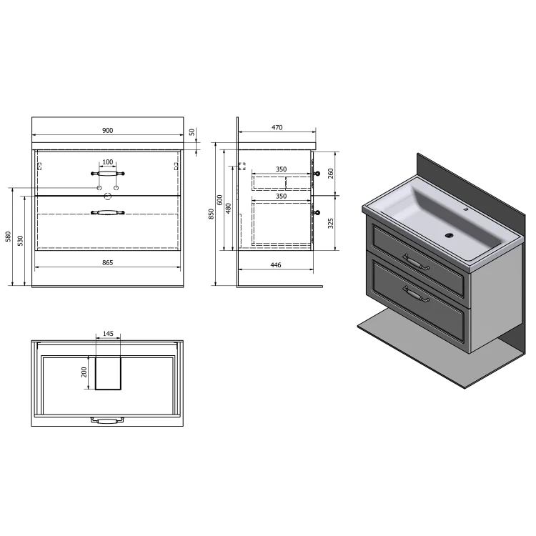 Rysunek techniczny - FAVOLO szafka umywalkowa 86,5x60x44,6cm, biały mat