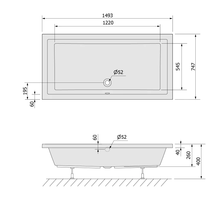 Rysunek techniczny - DEEP brodzik prysznicowy 150x75x26cm, biały