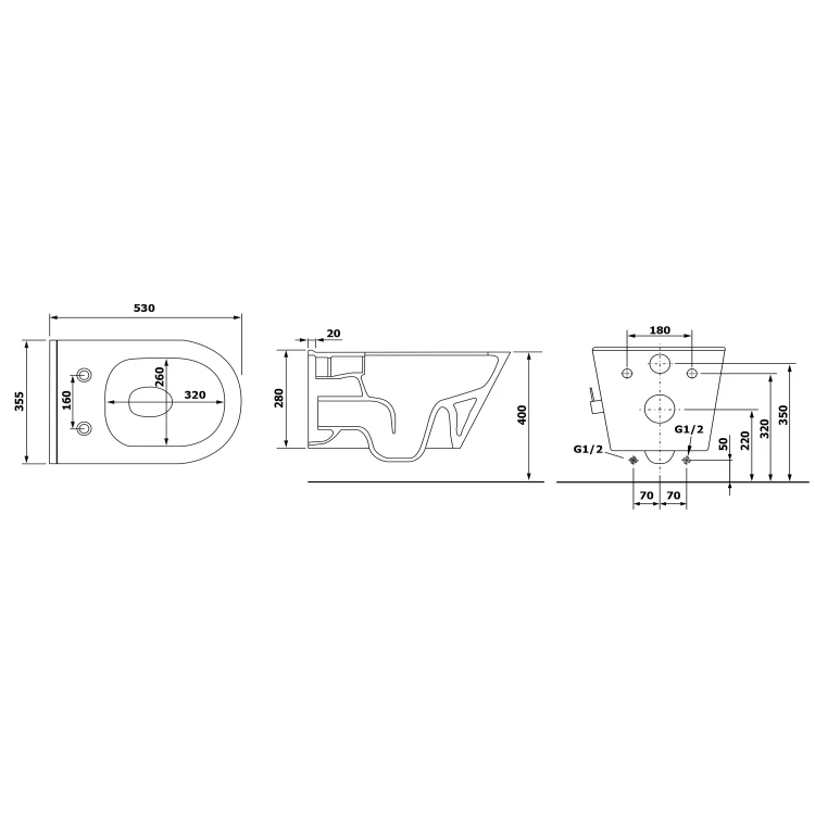 Rysunek techniczny - AVVA CLEANWASH WC wiszące, z prysznicem bidetowym i baterią, Rimless, 35,5x53cm, biały