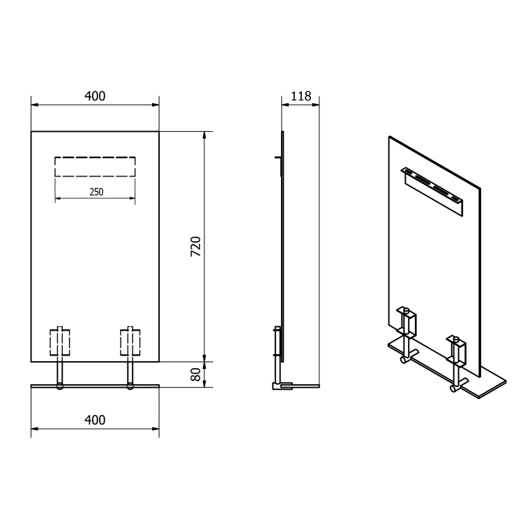 Rysunek techniczny - WEGA lustro z półką 40x80cm