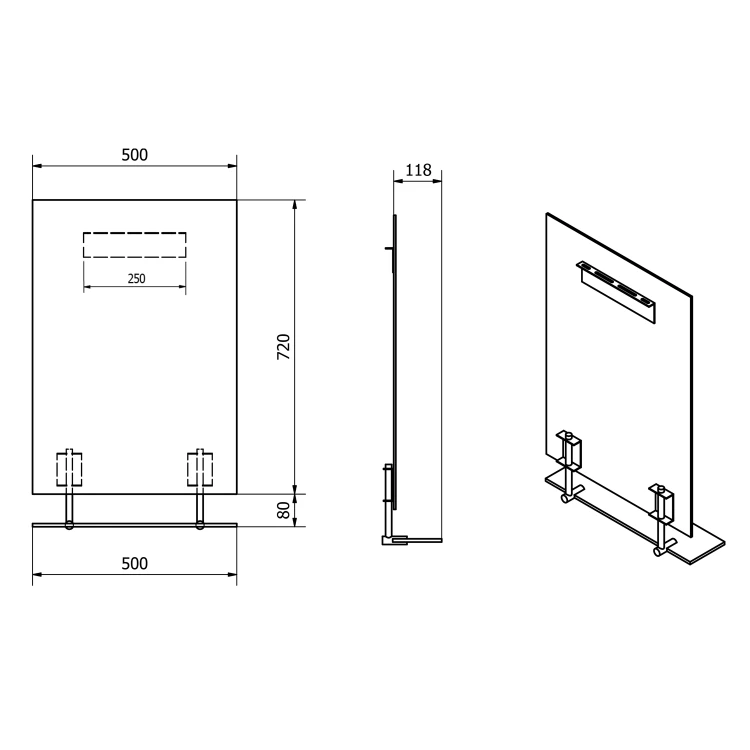 Rysunek techniczny - WEGA lustro z półką 50x80cm