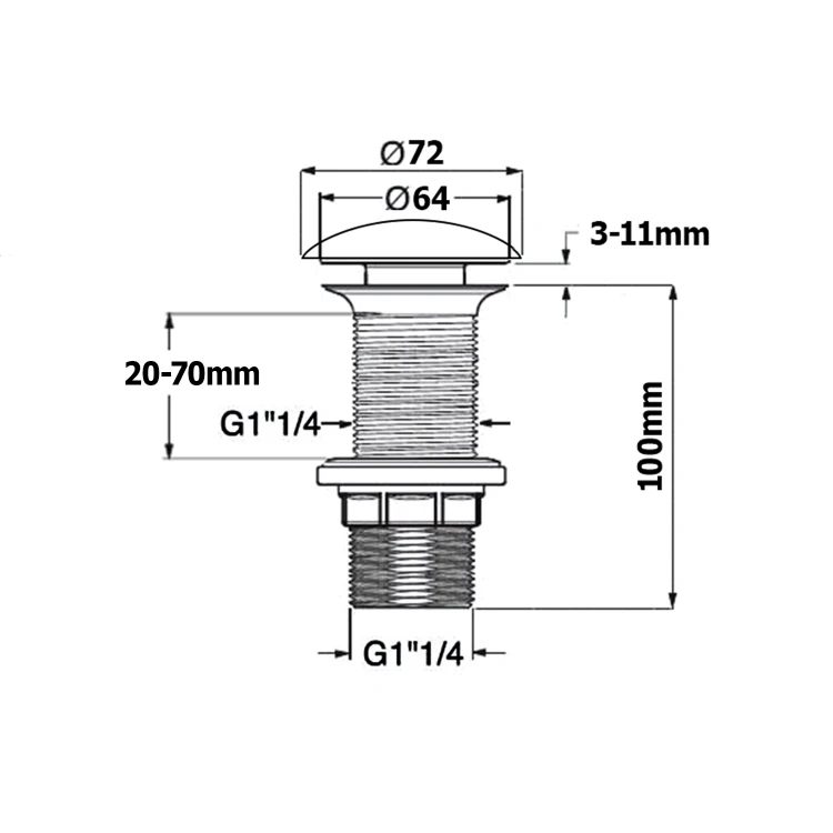 Rysunek techniczny - Odpływ umywalkowy 5/4", klik-klak, korek ceramiczny, 20-70mm, czarny mat