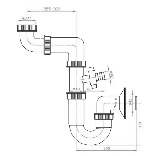 Rysunek techniczny - Syfon zlewozmywakowy 6/4", DN40, biały