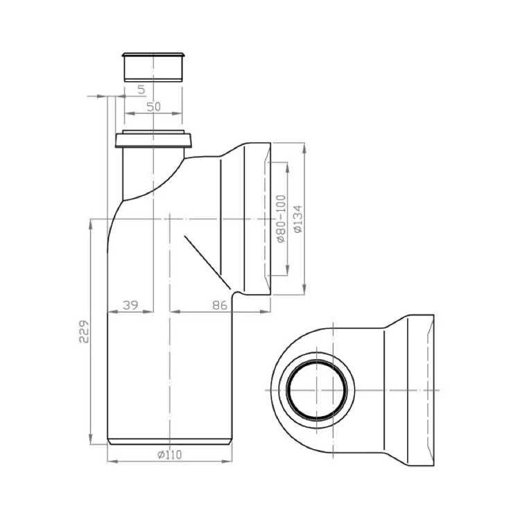 Rysunek techniczny - Kolano WC  90, z odpowietrzeniem, 110mm