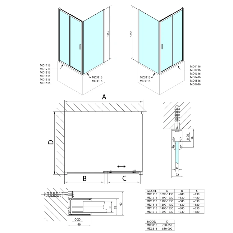Rysunek techniczny - DEEP kabina prysznicowa 1500x750mm wariant L/P,szkło czyste