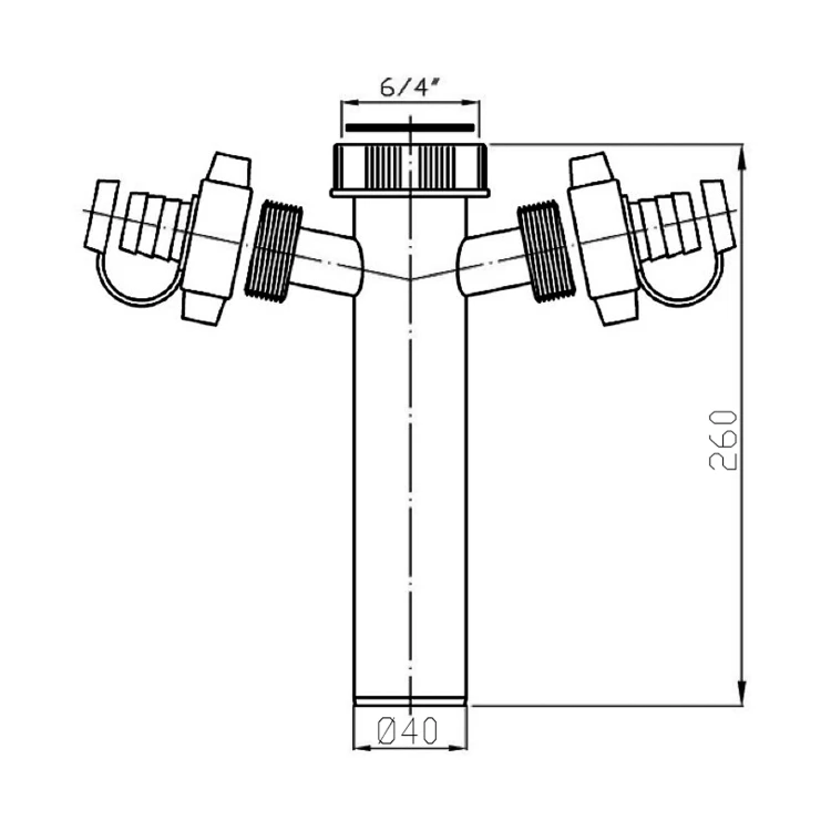 Rysunek techniczny - Króciec syfonu z podwójnym przyłączem 6/4", DN40, biały