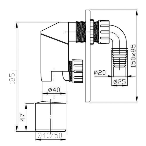 Rysunek techniczny - Syfon podtynkowy, podwójny, DN40/50, stal nierdzewna polerowana